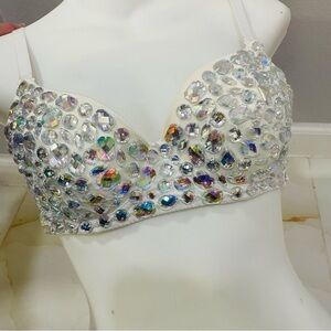 White Bra with Hand Sewn AB Rhinestones Crystal Embellishments Womens Size XS